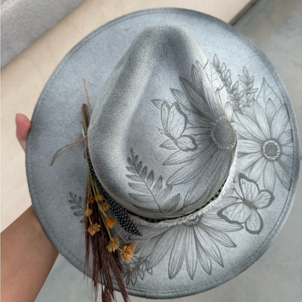 Floral Gray Hat with Feather Accent hand burned suede rancher style cowboy hat - Picture 2 of 3